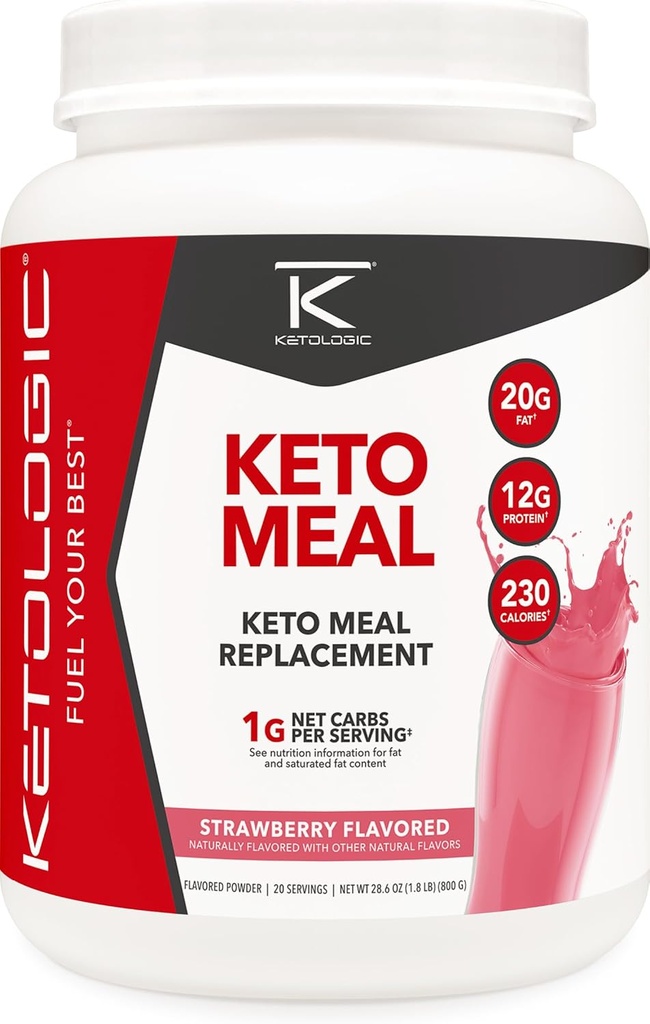 KetoLogic Keto Mealاستبدال Shake Powder for Optimal Results + MCT Oil + Grass-Fed Whey - perfectly Formulated Macros for Ketosis - 20 Servings - Strawberry
