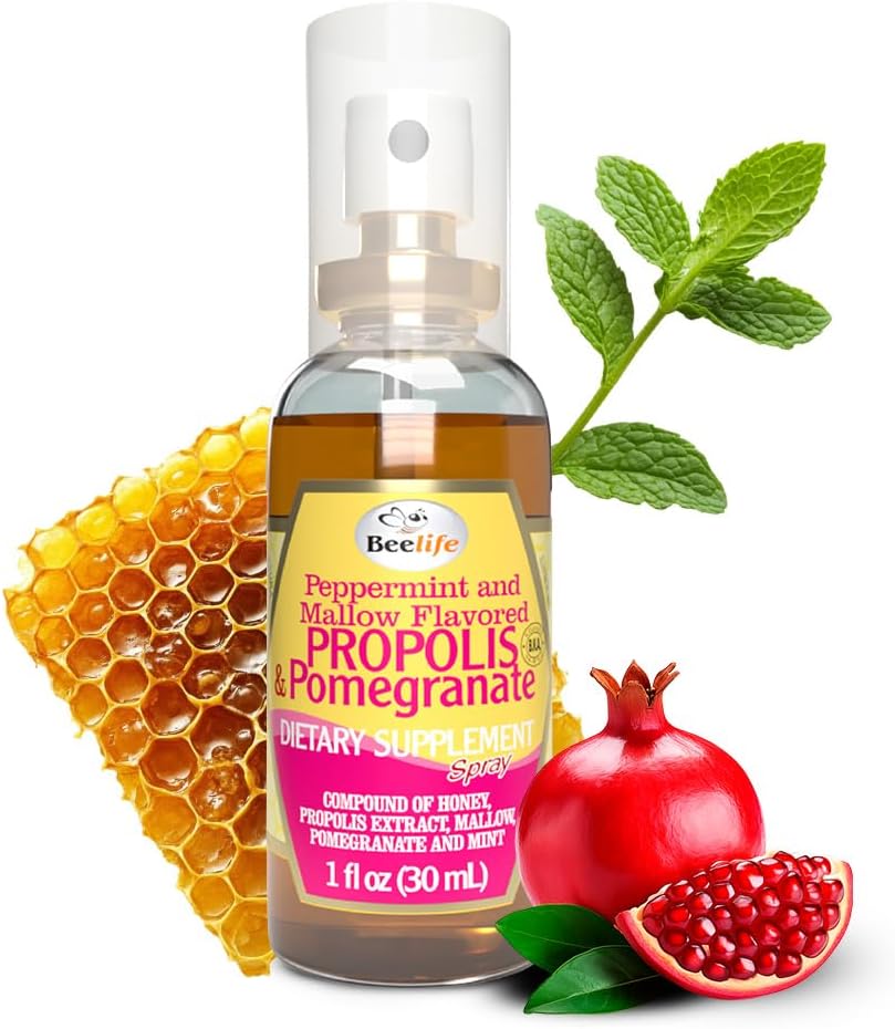 Beelife Propolis Throat 스프레이 - Soothing Honey, Mint & Pomegranate - 자연 면역 지원 및 Sore Throat Relief - 산화 방지제, Flavonoids & Artepillin C, No Sugar, Gluten-Free, 1-Pack, 30ml의 풍부한