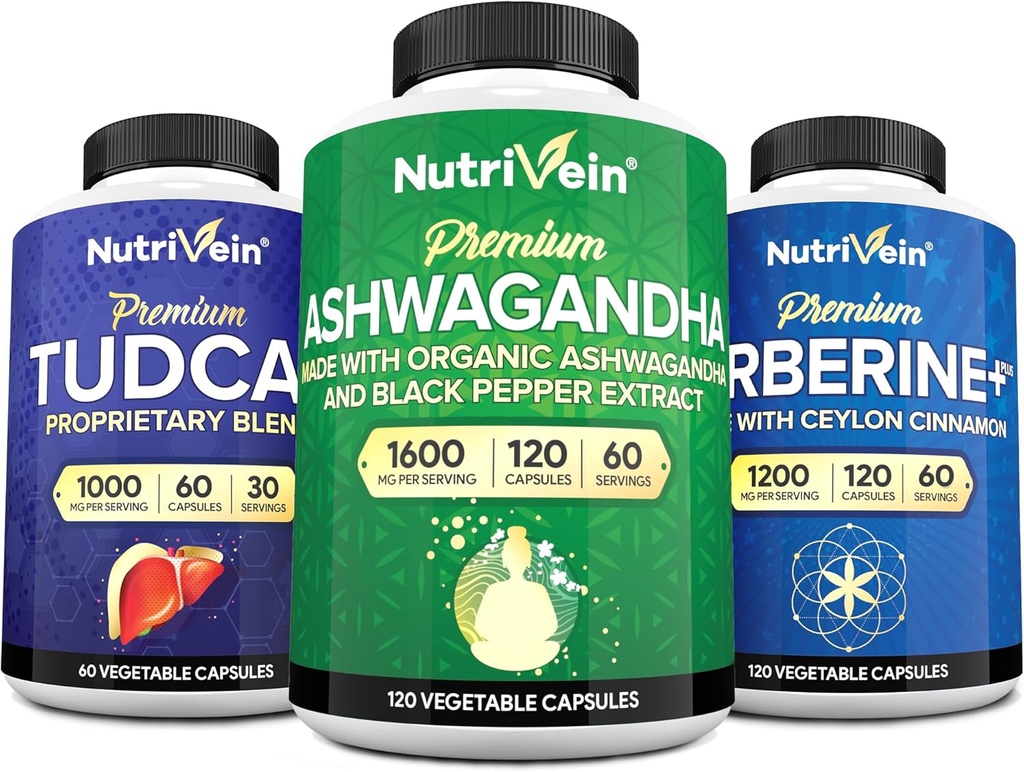 Nutrivein Premium TUDCA, Berberine Ergänzungen, und Ashwagandha Ergänzungen Bundle: High-Absorption Berberine Complex, Ashwagandha Root Extract, & TUDCA für Detox, Vitality & Well-Being