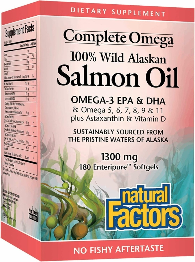 Complete Omega by Natural Factors, Wild Alaskan Salmon Oil, Tukee sydän- ja aivoterveys Omega-3 DHA ja EPA, 180 softgels (180 annosta)