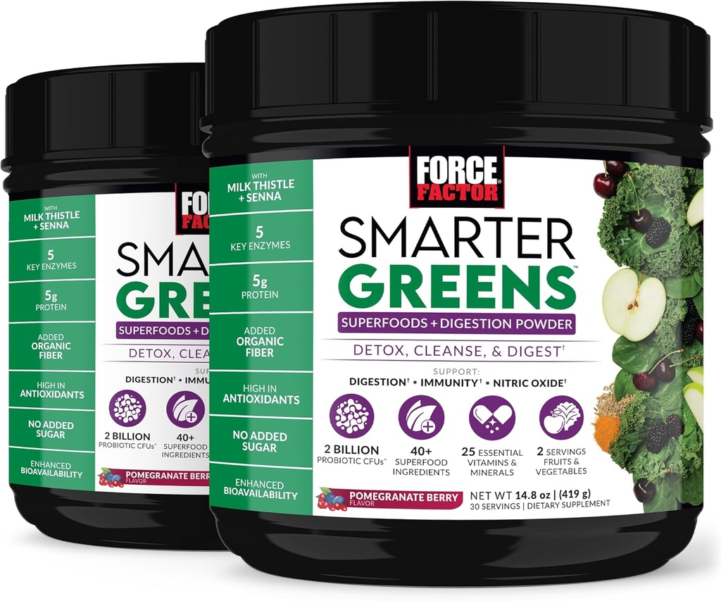 Force Factor Smarter Greens Superfoods Pulveris, lai atbalstītu Digestion, Gut Veselība, Bloating, Zaļie Pulveris ar probiotikām, Prebiotikas, Gremošanas Fermenti, & Adaptogens, Granātābolu Berry, 60 Kalpo