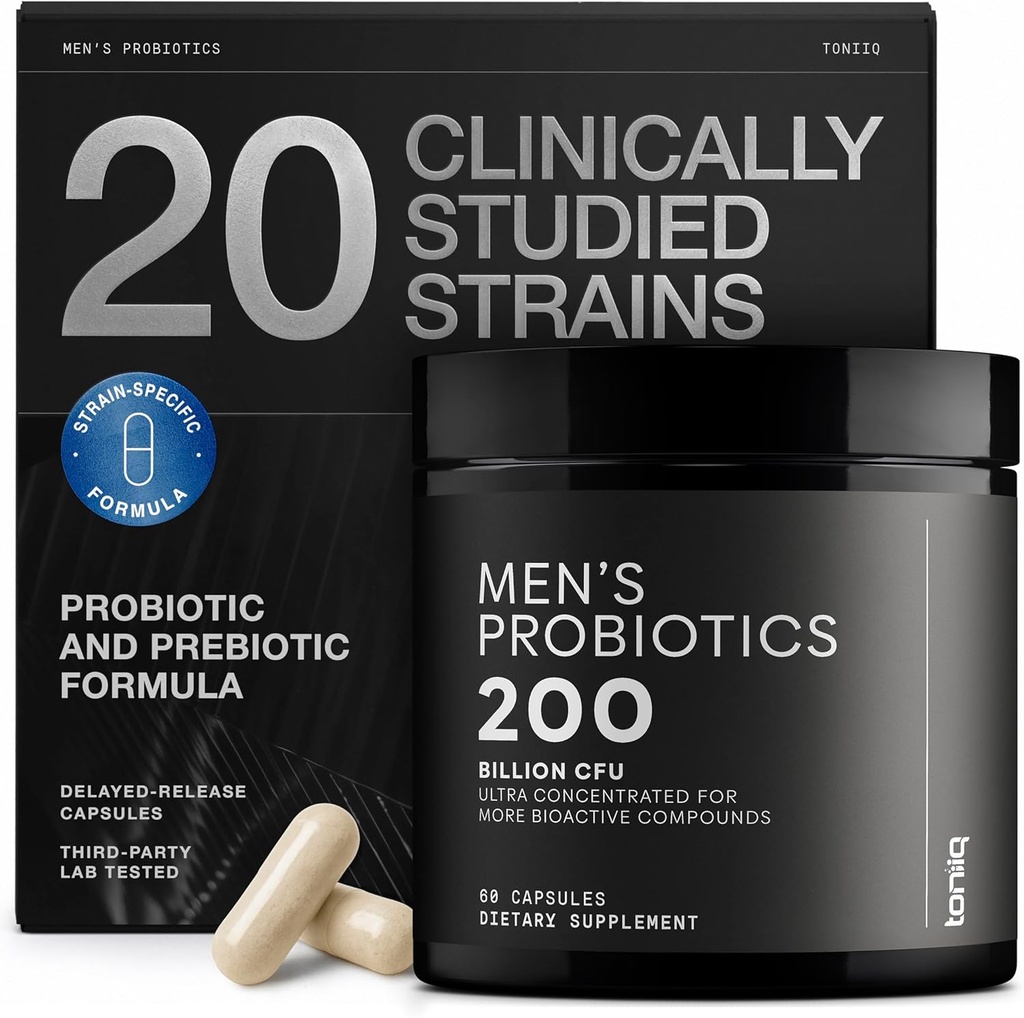 Toniiq Mens Probiótico com 20 Strains Verificados – 200 Bilion UFC + 200mg FOS Prebiótico – Mens Probióticos para a Saúde do Gut - Cold-Chain & Atrasado-Release – Lab-Testes de Fórmula Sinbiótico