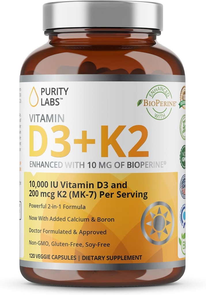 纯度实验室 维生素D3 K2 10000 IU, (250mcg) D3 + 200mcg K2 MK7 - 用生物丙烯增强免疫支持补充 - 日常防御,骨骼,肌肉和皮肤健康补充 - 120 Capsules