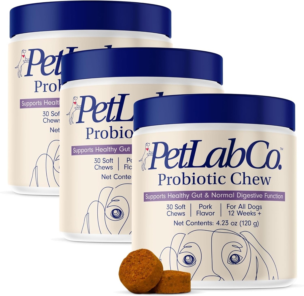 PetLab Co. Probiotica voor honden, Ondersteuning Gut Health, Occasional Diarree, Digestieve Gezondheid & seizoensgebonden Allergieën - Varkenssmaak - 30 Zachte Kauwen - Verpakking mei Vary (Value 3-Pack)
