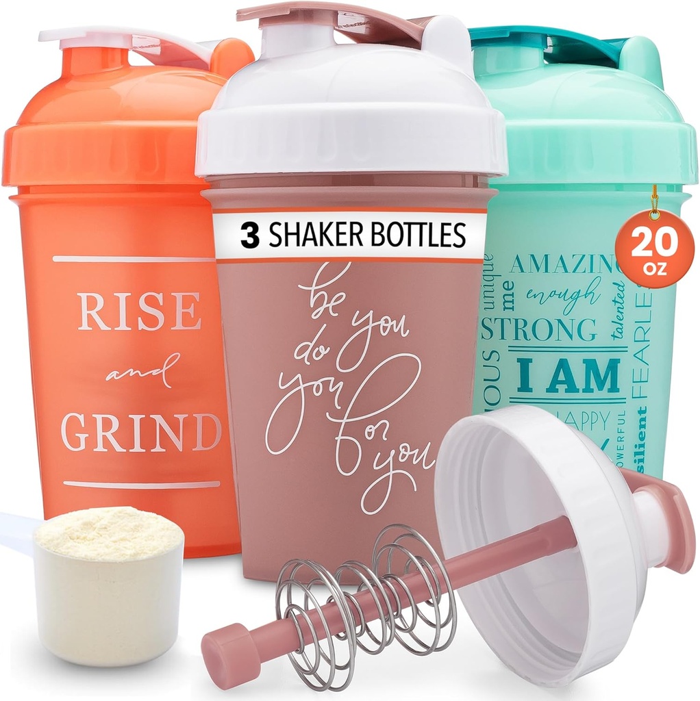 GoMOYO [3-Pack] 20-Ounce Shaker Bottle with Action-Rod Mixer , Protein Shaker Bottle with Motivational Quotes , Shakers for Protein Shakes are BPA Free and Dishwasher Safe , Coral, Mint, " Rose
