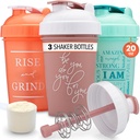 GOMOYO [3-Pack] 20-Ounce Shaker Bottle mit Action-Rod Mixer | Protein Shaker Bottle mit Motivationsnotizen | Shakers für Protein Shakes sind BPA Free und Spülmaschine Safe | Coral, Mint, & Rose