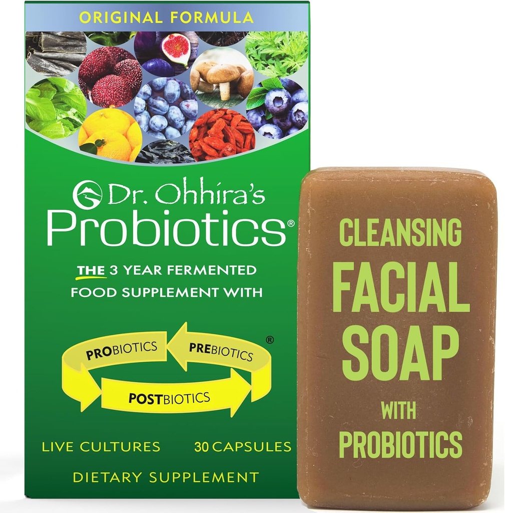 Dr. Ohhira's Probiotics Original Formula 30 Capsules with Bonus Probiotic-Enhanced Beauty Bar Soap Travel Size 20g - No Refrigeration Supplement for Women and Men, 13 Probiotic Strains