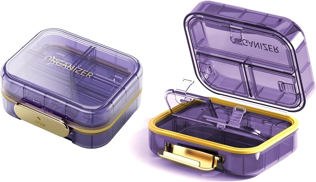 Travel Pill Organizer, 7 Compartments Pill Box, Daily Portable Pill Case to Hold Vitamins, 1 Pack Small Pill Edukiontzi for Pocket Purse Medicine Organizer