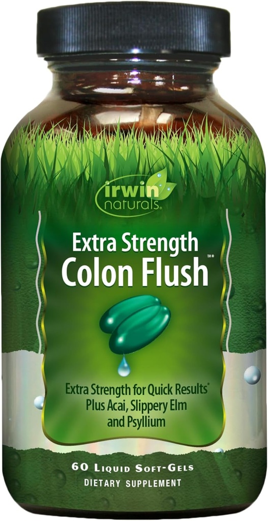 Irwin Naturals Força extra Colón Flush Digestivo rápido e poderoso + suplemento de suporte de constipação com Psyllium, Acai, Triphala + calmantes Botânicos - 60 líquidos