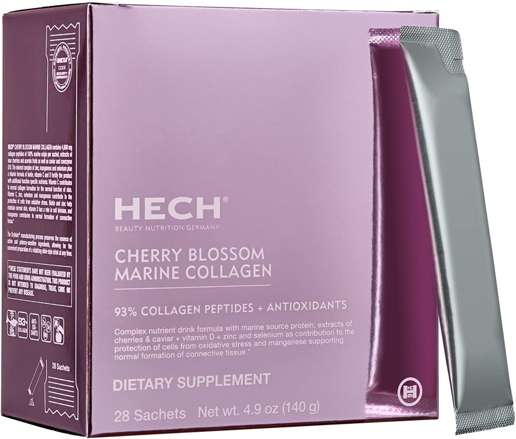 Cherry Blossom Marine Collagen -- -- 饮用Sachets,用于青春葡萄酒,含4,600毫克Marine Collagen和带有天然植物提取物的抗氧化剂基质