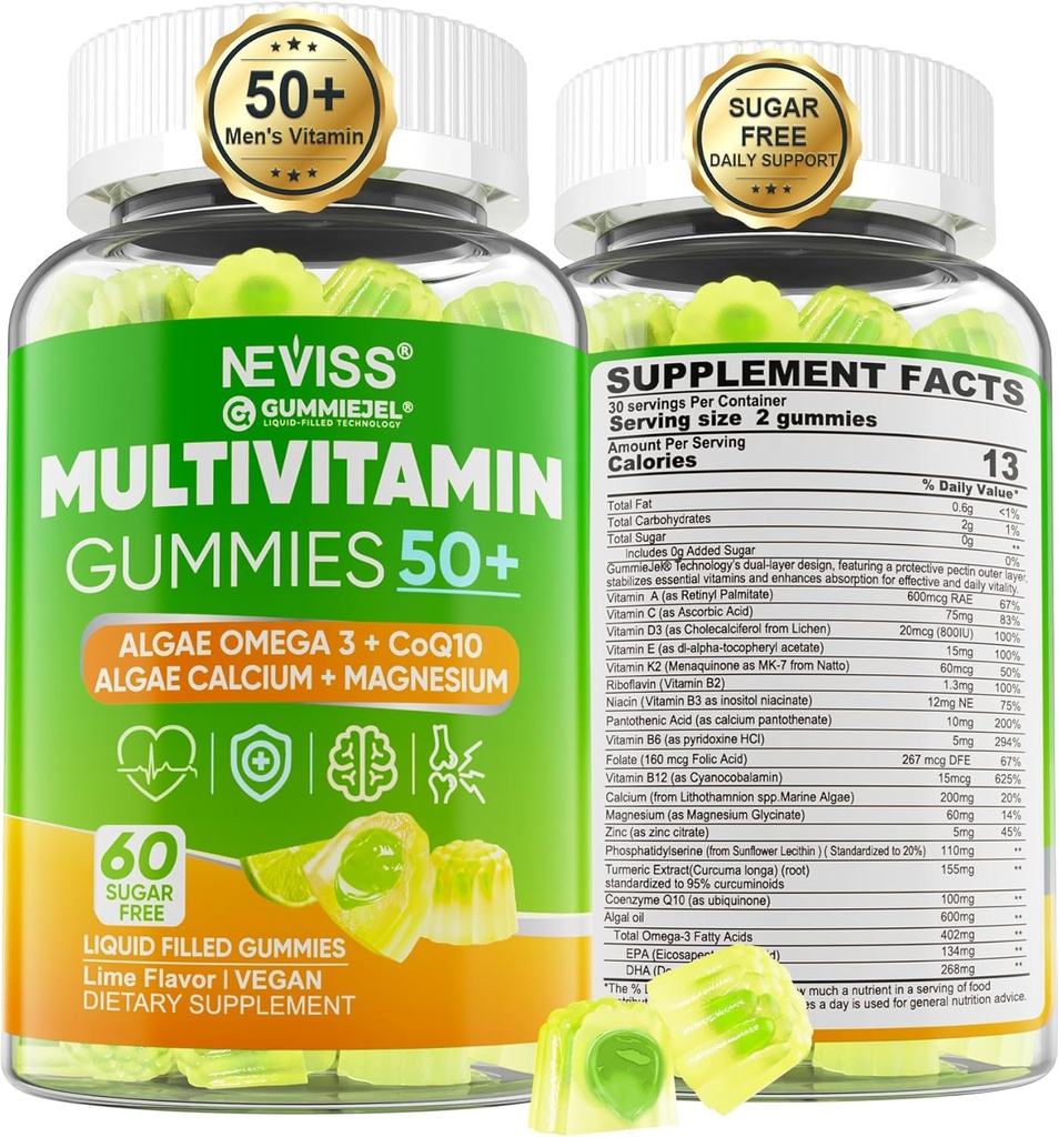 Multivitamin til mænd 50 + Plus, Sugar Free Men Multivitaminer Gummies w / Omega-3, Coq10, D3k2, Calcium, Magnesium, Zink, Vitamin A, C & E, Herre Vitamin til Vitamin, Antioxidant, Brain, Bone, 60cts