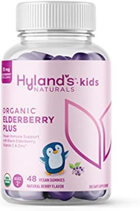 Hyland's Kids Organic Elderberry Plus Gummies, Organic Black Elderberry cu ZINC şi vitamina C, Immune Support pentru copii, 48 Vegan Gummies