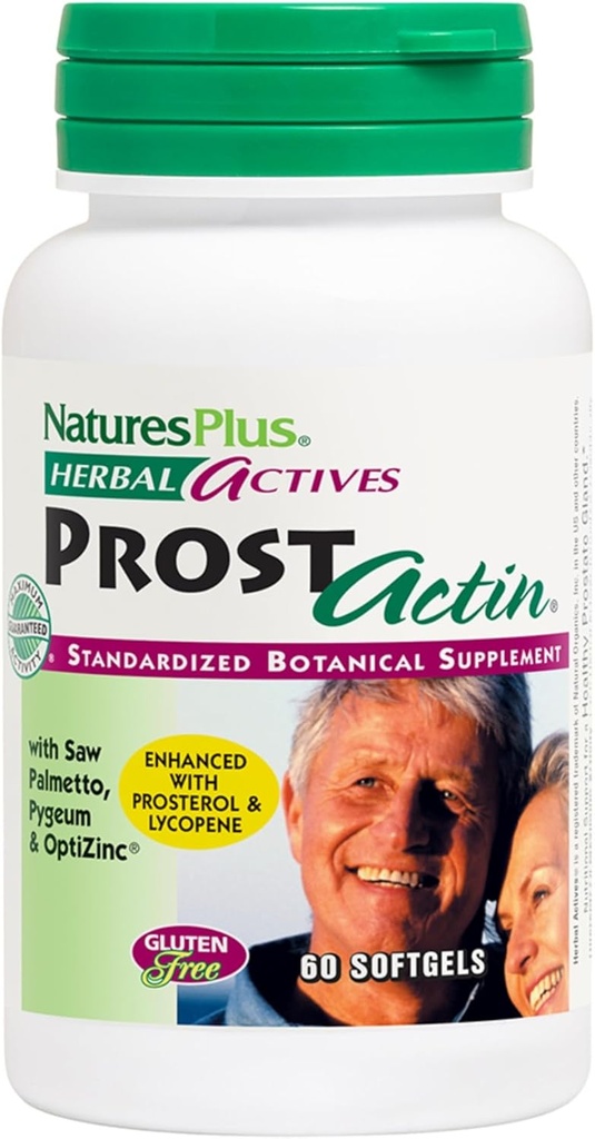 Natures Plus Herbal Actives ProstActin - 200 iu Vitamin E, 60 Softgels - Healthy Prostate Gland Support, with Saw Palmetto, Pygeum ' Pumpkin Seed Oil - Gluten-Free - 30 Servings