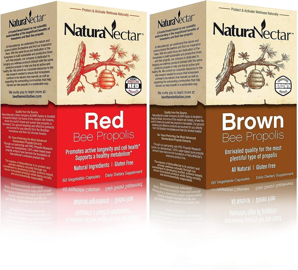 NaturaNectar Natural Bee Propolis Bundle - Red Propolis and Brown Propolis - for Immune Support, Respiratory Health and Healthy Metabolism - 60 Capsules per Bottle