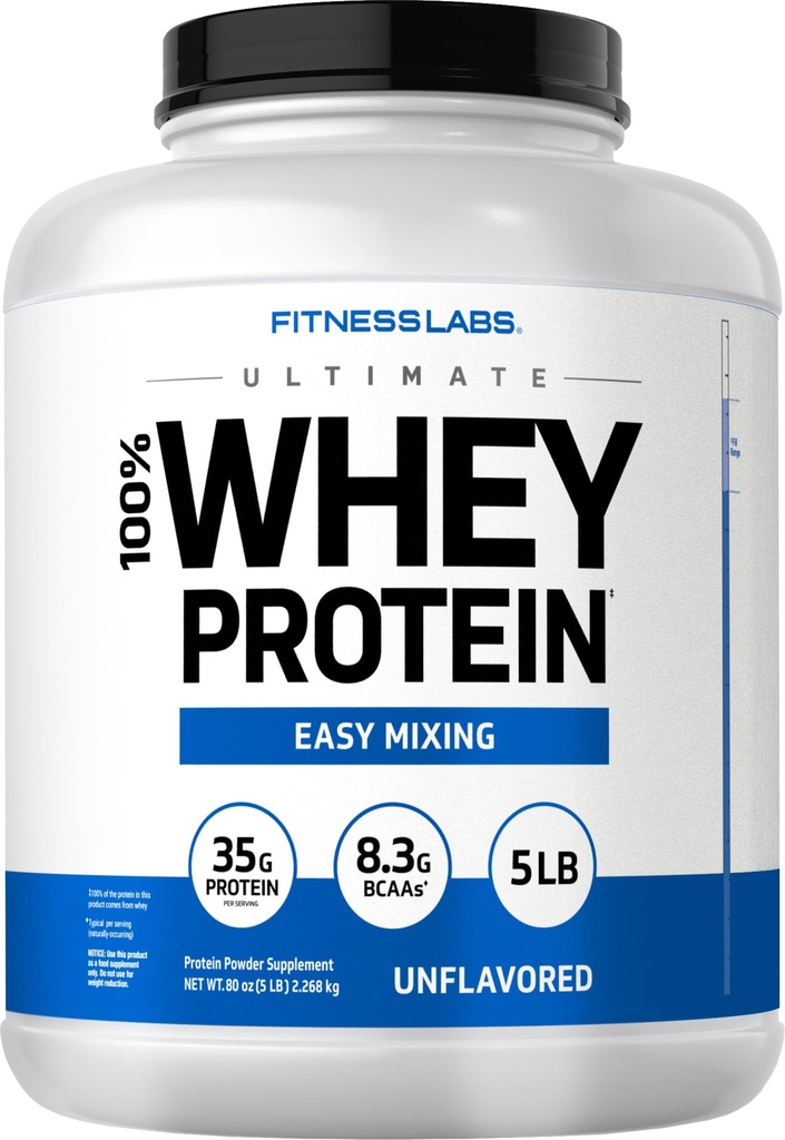 Fitness Labs Whey Protein Powder Unflavored | 5 lbs | Ultimate Easy-Mix Supplement for Men and Women | Non-GMO and Gluten Free