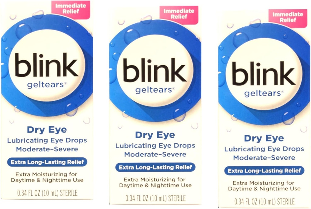 Blink GelTears Lubrificating Eye Drops for Dry Eye, Extra Long- Lasting Relief, Moisturizing Formula Mula, Moustuate to parse Dryness, 0.34 fl oz (Paket 3)