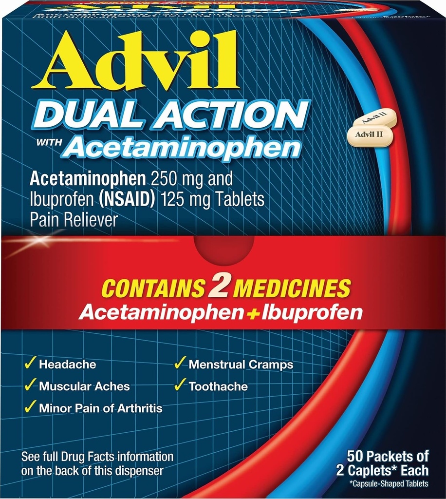 Advil Dual Action, Ibuprofen 250mg, Pain Relief, 100 Caplets | Dual Action Formula, Relieves Headaches and Back Pain, Blocks Pain Signals, Targets Inflammation, 8 Hour