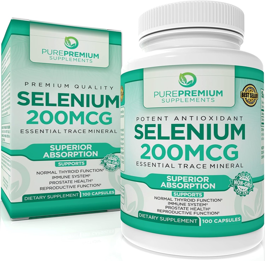 PurePremium Selen 200mcg dodatek - L Selenomethionin Essential Mineral - Denní podpora pro normální štítné žlázy, imunitní systém 124; Normální funkce prostaty - 3 měsíce Dodávka - 100 Kapsle