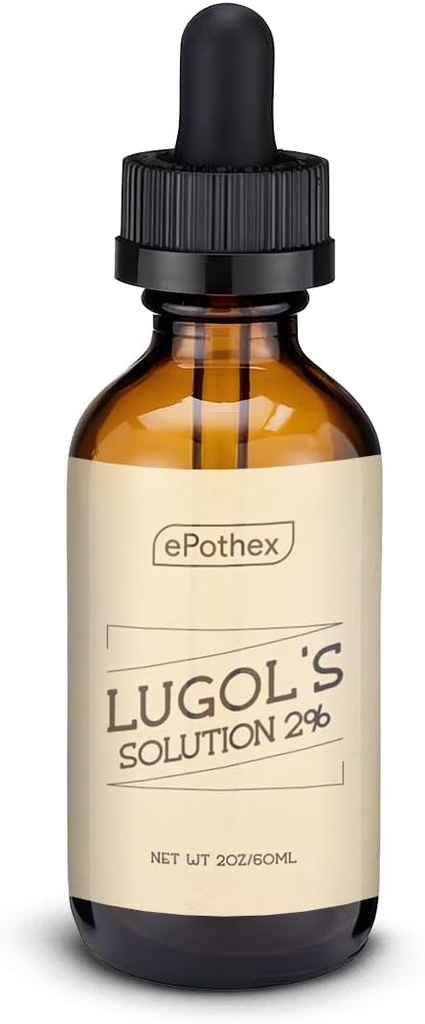 Lugol 's Solution 2% 2oz stiklo lašintuvu butelis. Sudėtyje yra kalio jodido ir jodo, 60 ml