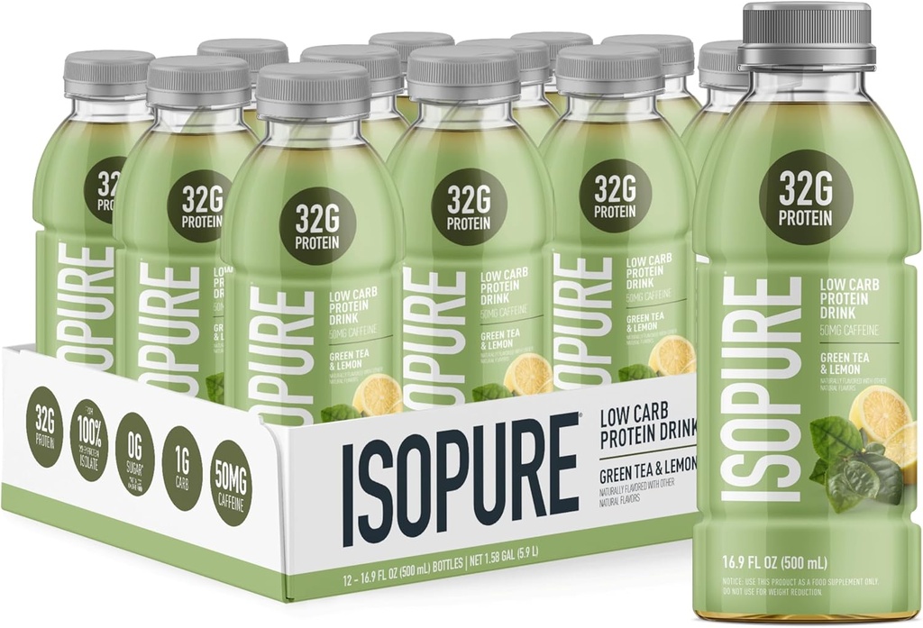 Isopure Zero Carb 32g Clear Protein Ready-to-Drink, Whey proteini Isolate, Green Tea, 12 Pack (Packating May Vary)