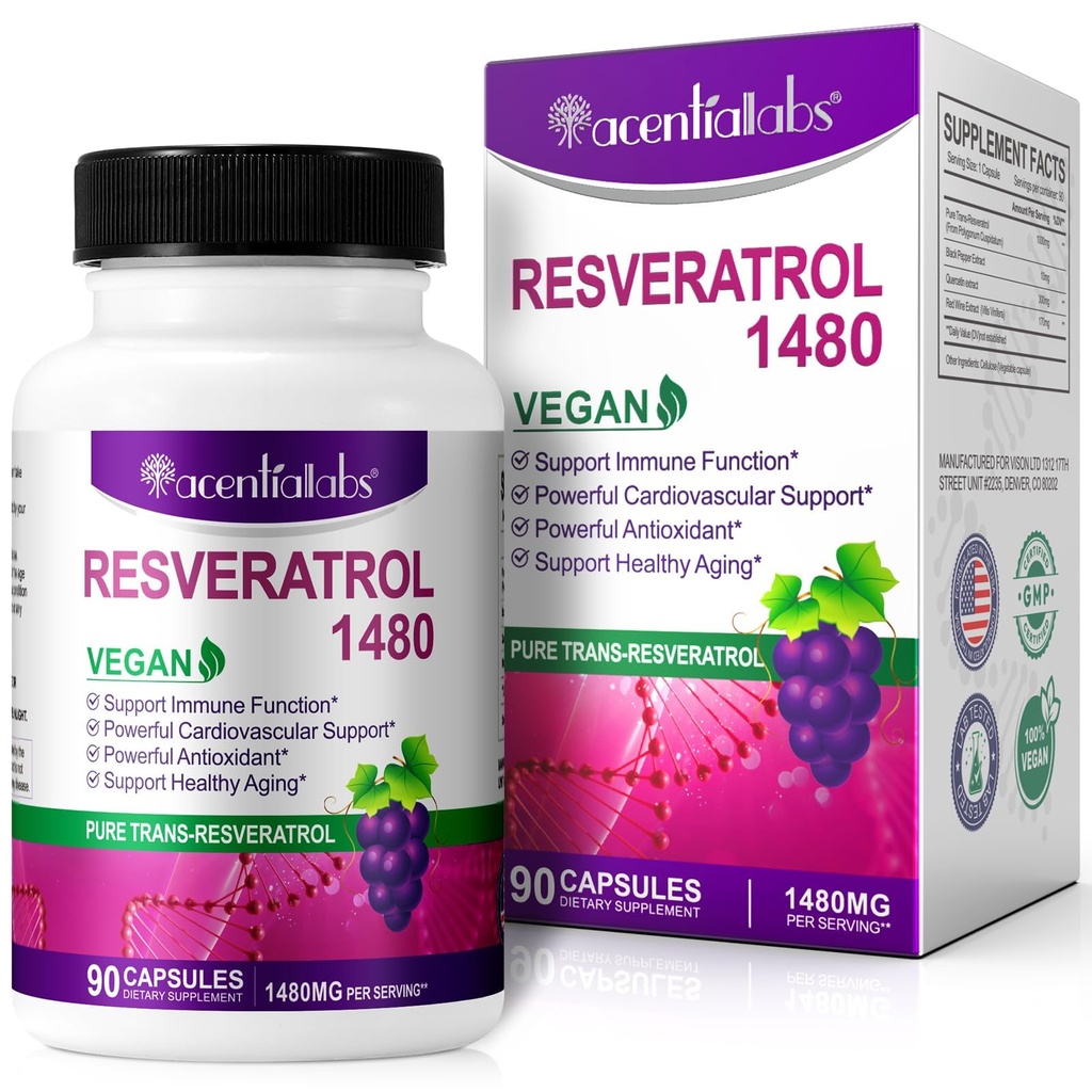 100% Natural Resveratrol - 1480mg Per Serving, 90 Veggie Capsules, 99% Pure Trans-Resveratrol, Antioxidant for Healthy Aging, Brain & Heart Support