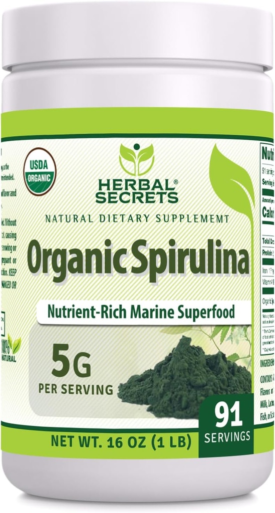 Augu izcelsmes Secrets Organisks Spirulina pulveris 16 Oz            ; nesatur lipekli     ; ražots ASV