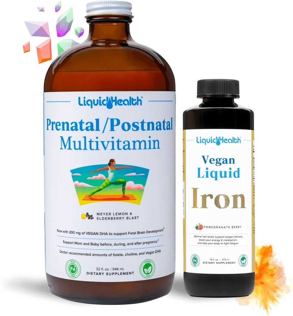 LIQUIDHEALTH Prenatal Baby Booster Vitamin Bundle - Vegan Women's Prenatal/Postnatal Multivitamínico con ferro SunActive & Ferrochel, Folate, Whole Foods - feito en Estados Unidos, 100% Vegan (Bundle)