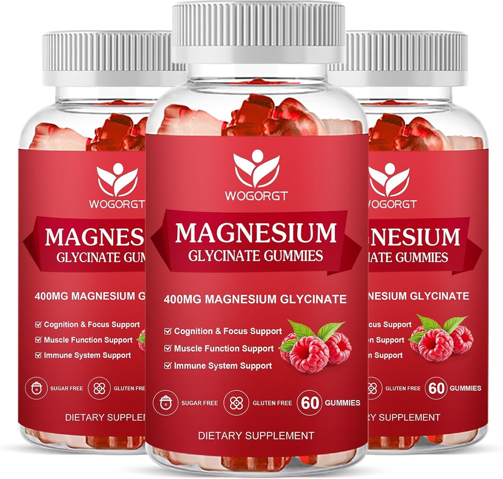Magenium Glycinate Gummies - 400mg Magnesium Glycinate Gummy với vitamin D, B6 và CoQ10, phụ mục Magnesium cho sự thư giãn và Cognition, Sugar Free - 60 Raspberry Gummies (3 gói)