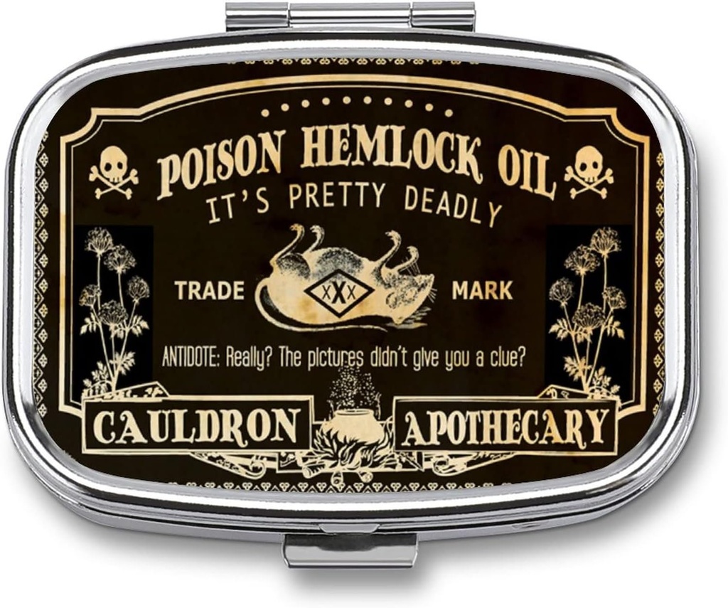 Metall 2 Compartment Pill Organizer Travel Friendly Portable Compact Pill Box Cute Pill Case Vitamine/Fish Oil/Supplements/Meds/Tablet für Geldbeutel/Pocket (Vintage Poison Label)