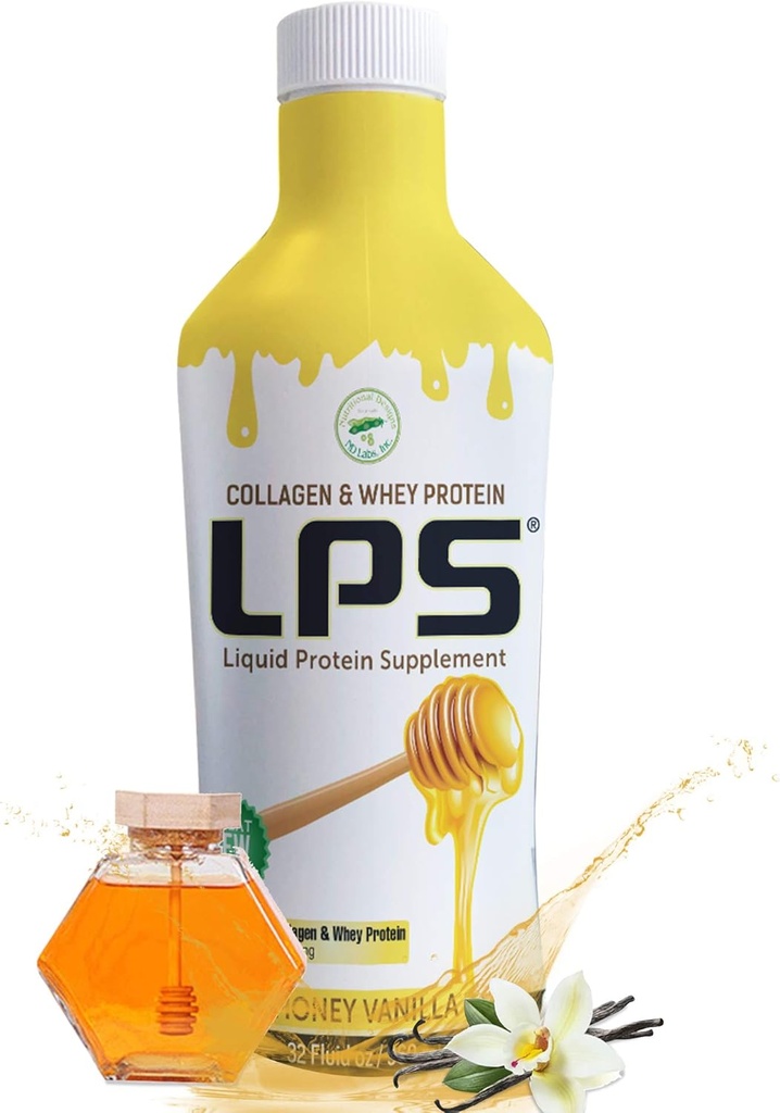 LPS Liquid Collagen & Whey Protein Supplement - Sugar-Free, Dye-Free, Non-GMO İçki - Hidrolyzed Collagen & Whey Peptides Kişi və Qadınlar üçün sağlam Skin & Saç, Bal Vanilla, 32 fl oz