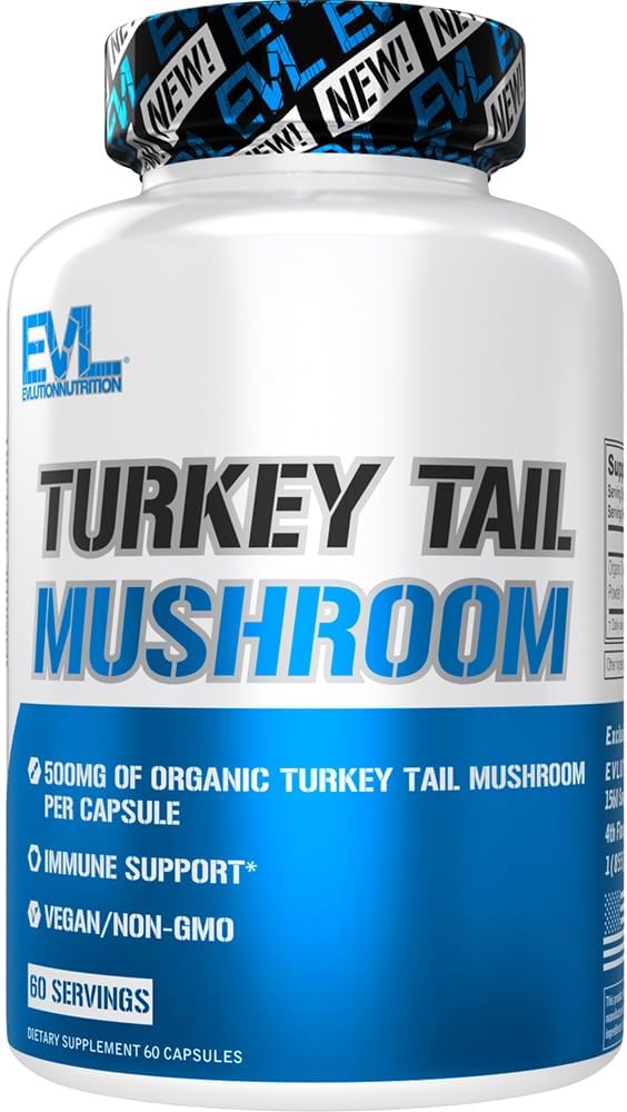 Evlution Nutrition Turkey Tail Mushroom - 500mg Bio Turkey Tail Mushroom par Capsule - Immmune Support - Complément alimentaire - Vegan & Non-OGM - 60 portions - 60 capsules