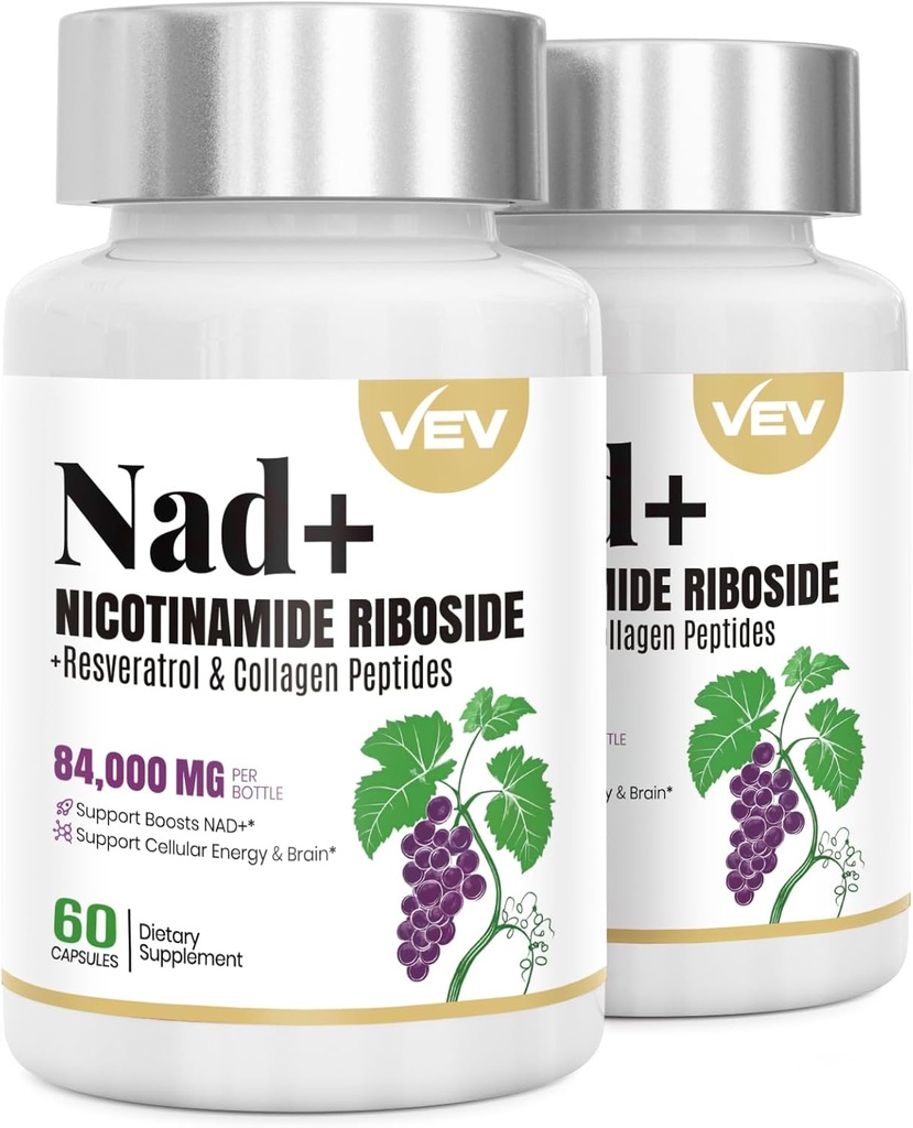 VEV NAD + Tambahan - Lipomal Tambahan NAD untuk Perempuan & Pria, Resveratrol untuk Energi Sel & Penuaan Sehat, 2 Botol - 120 Katup