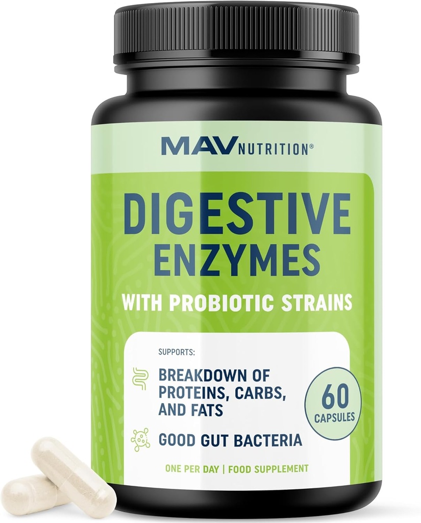 Enzimas Digestivas con Probióticos | Salud Digestiva para Mujeres y Hombres | Mezcla de Enzimas de 400 mg con Cepas Probióticas para la Digestión y la Salud Intestinal | Vegetariano | 60 Cápsulas