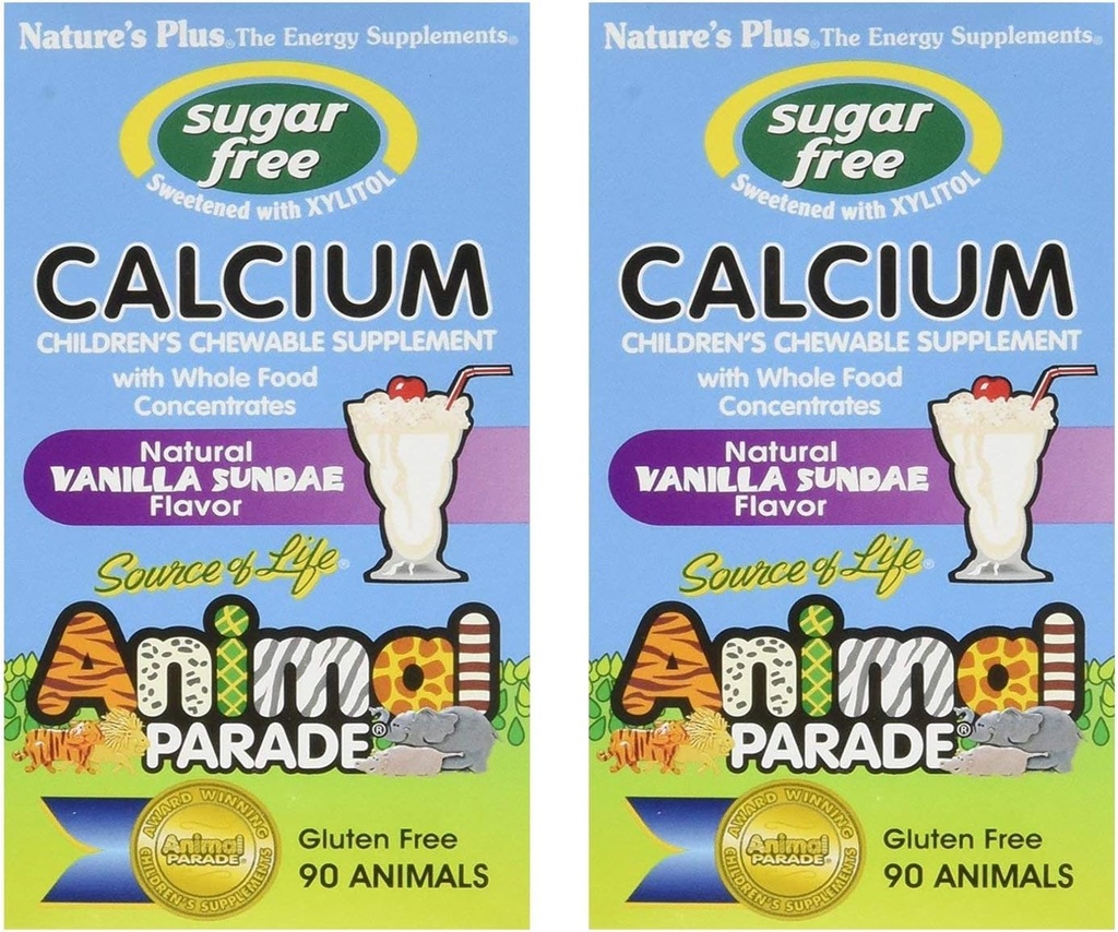 NaturresPlus Parade Hewan Sugar- Free Children 's Calcium, Vanilla Sundae Flavor - 90 Sable Animal Sheap Tablet, Paket 2 - Magnesium for Bone Health - Gluten Free - 90 Servings