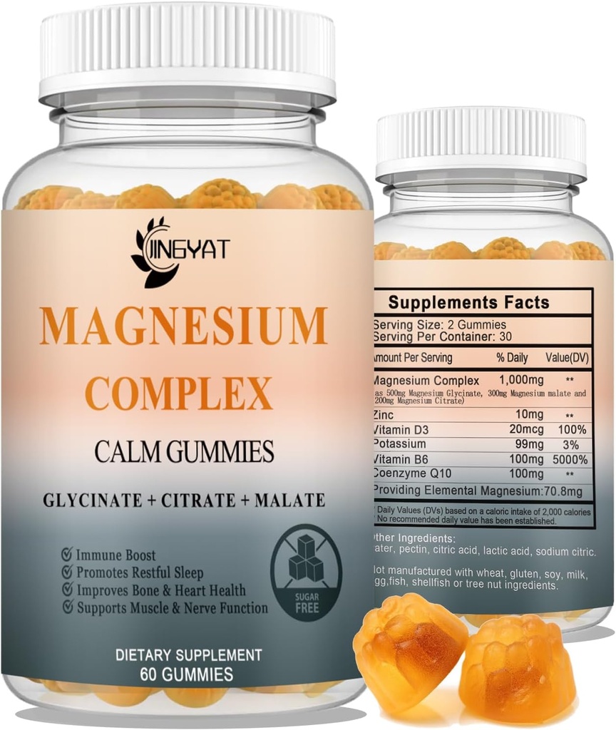 Triple Magnézium Complex - vysoká absorpcia Magnézium Gumies, Magnézium Glycinát, Malát, & Dusičnany, Slušné formy s vitamínom D a zinkom, Draslík, Coq10 Supplement