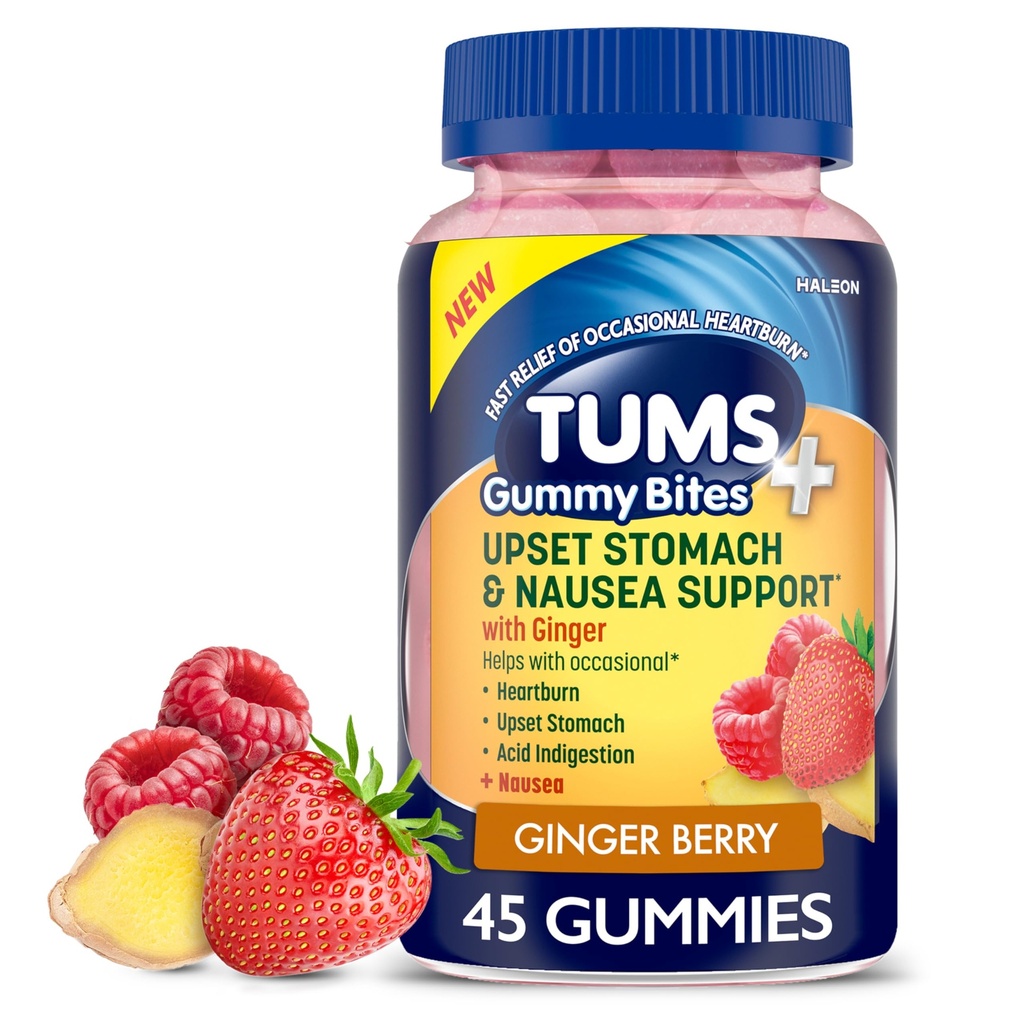 TUMS Plus Upset Stomach & Nausea Support, Dietary Supplement, Ginger Berry - 45 Count