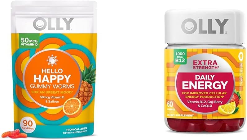 OLLY Ciao Buone gommoni, Mood Balance Support, Vitamina D, Zafferano, Adulto Chewable Supplement & Extra Strength Daily Energy Gummy, Caffeina Free, 1000mcg Vitamina B12, CoQ10, Goji Berry