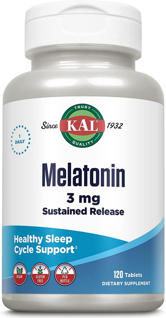 KAL Melatonin 3mg Sustained Release Sleep Aid, Melatonin Supplement Supports Healthy Relaxation, en lugn känsla och en korrekt sömncykel, w / tillägg vitamin B6, Vegan, Gluten Free, 120 Serv, 120 tabletter