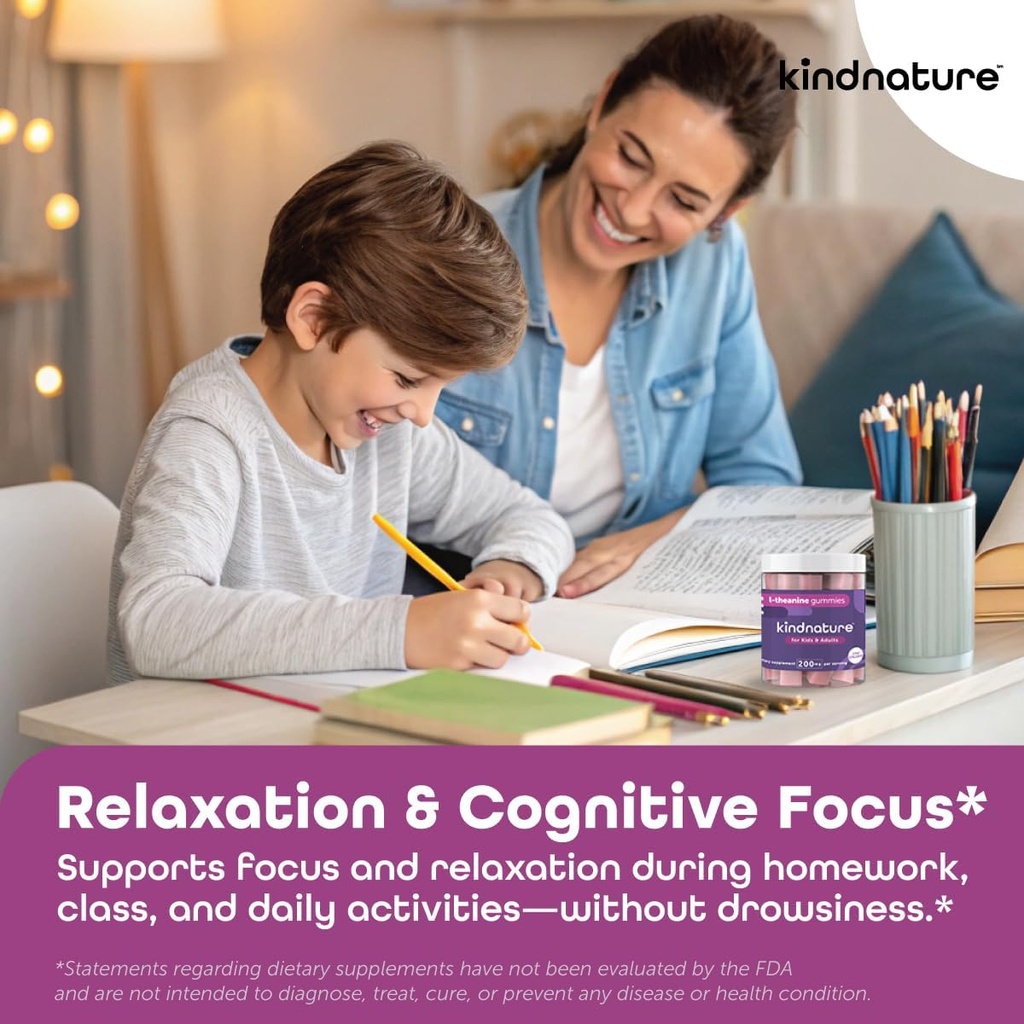 Kindnature L-Theanine Gummies 200mg – Vegan Calm & Focus Supplemento per adulti e bambini Età 4+ – Misto Berry Chewable, Basso Zucchero, Non-Drowsy*