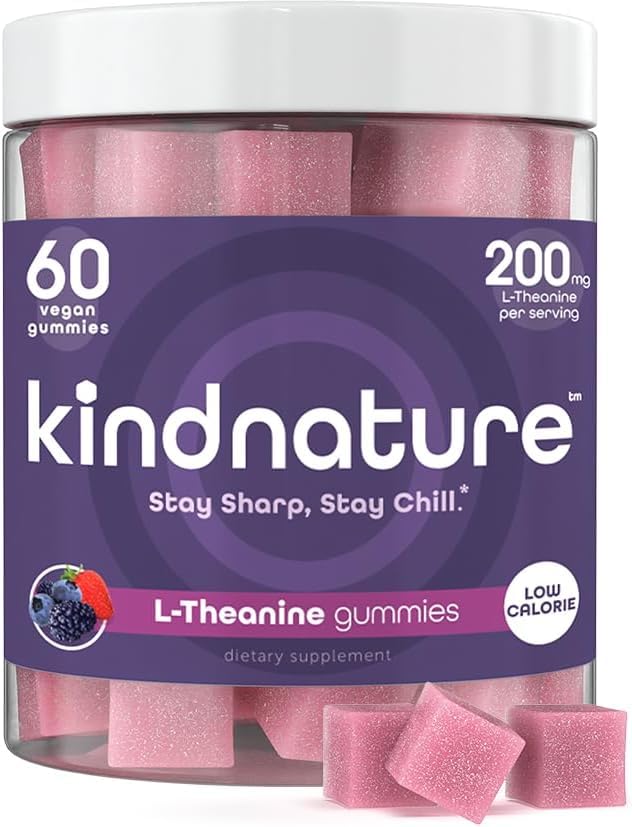kindnature L-Theanine Gummies 200mg – Calm & Focus Supplement for Adults & Kids Ages 4+ – Stress Support, Mental Clarity & Non-Drowsy Relaxation – Vegan, Mixed Berry, Non-GMO