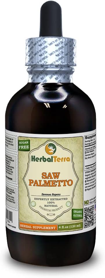 Saw Palmetto (Serenoa Repens) Tincture, Organic Dried Berries Liquid Extract (Brand Name: HerbalTerra, Proudly Made in USA) 4 fl.oz (120 ml)