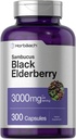 Horbäach Black Elderberry | 3000mg kapsulak | 300 Count | Ez-GMO, Gluten Free | Sambucus gehigarria