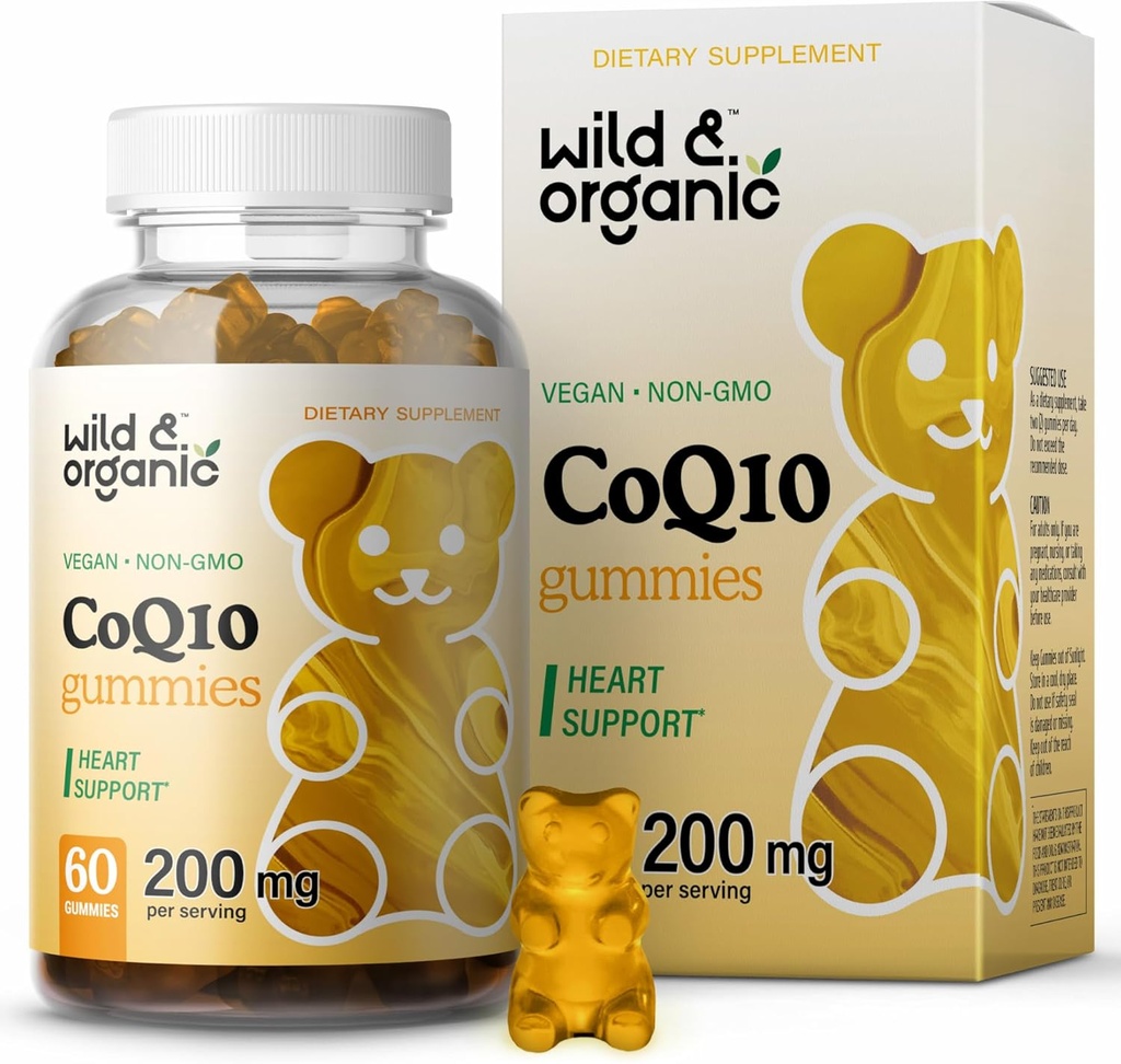 Wild & Organic CoQ10 Gummies - Vegan CoQ10 200mg Антиоксидантна добавка с Ubiinon - Natural Energy and Focus Gummies with Coenzyme Q10-60 Non-GMO Pectin Chewables