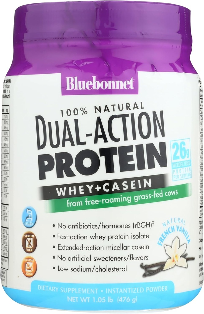 Bluebonnet Nutrition Dual-Action Protein Powder, Whey from Grass Fed Cows, No Sugar Added, Non GMO, Gluten & Soy Free, Kosher Dairy, French Vanilla Flavor, Off-white, 16.8 Oz
