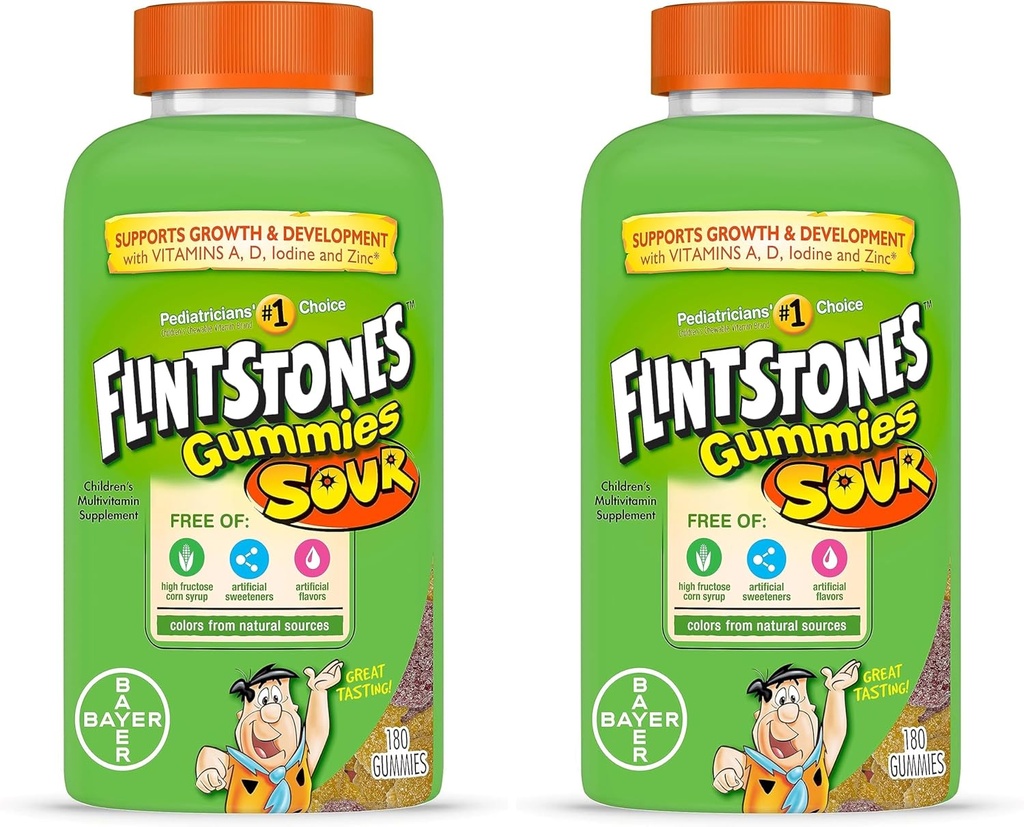 Flintstones Sour Gummies Kids Vitamins, Gummy Multivitamin para niños con vitaminas A, B6, B12, C, D &amp; más, 180ct (Pack of 2)