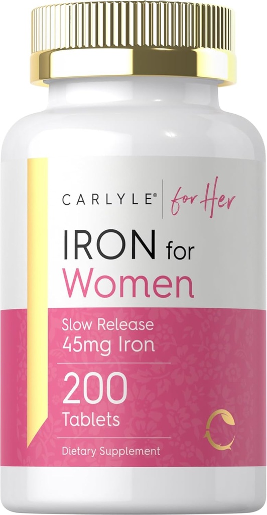 Carlyle Iron Supplement for Women | 45mg | 200 Yavaş Yayın Tabletleri | Vegetarian, Non-GMO, Gluten Free Pills | For Her