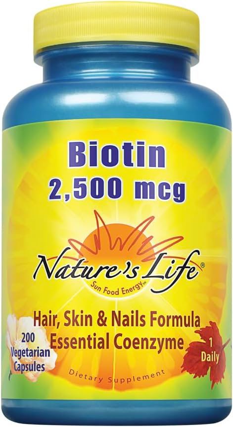 Naturaren bizitza Biotin 2500mcg | Ile osasuntsua, azala, Nail eta Metabolismoa | Ez-GMO | 200 kapsula begetal