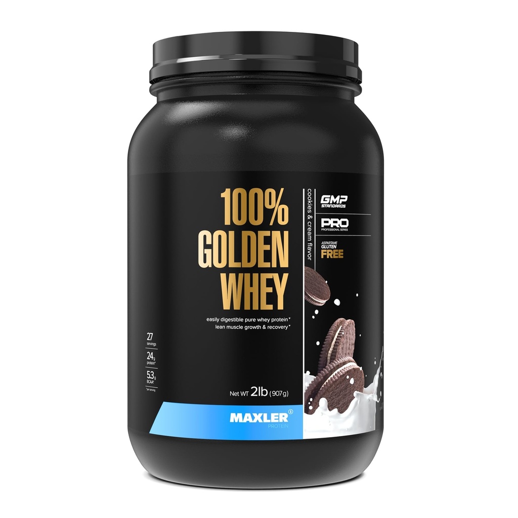 Maxler 100% Golden Whey Protein - 24g of Protein per Serving - Whey Protein Powder for Pre Post Workout - Fast-Absorbing Whey Concentrate, Isolate & Hydrolysate Blend - Cookies & Cream 2 lb