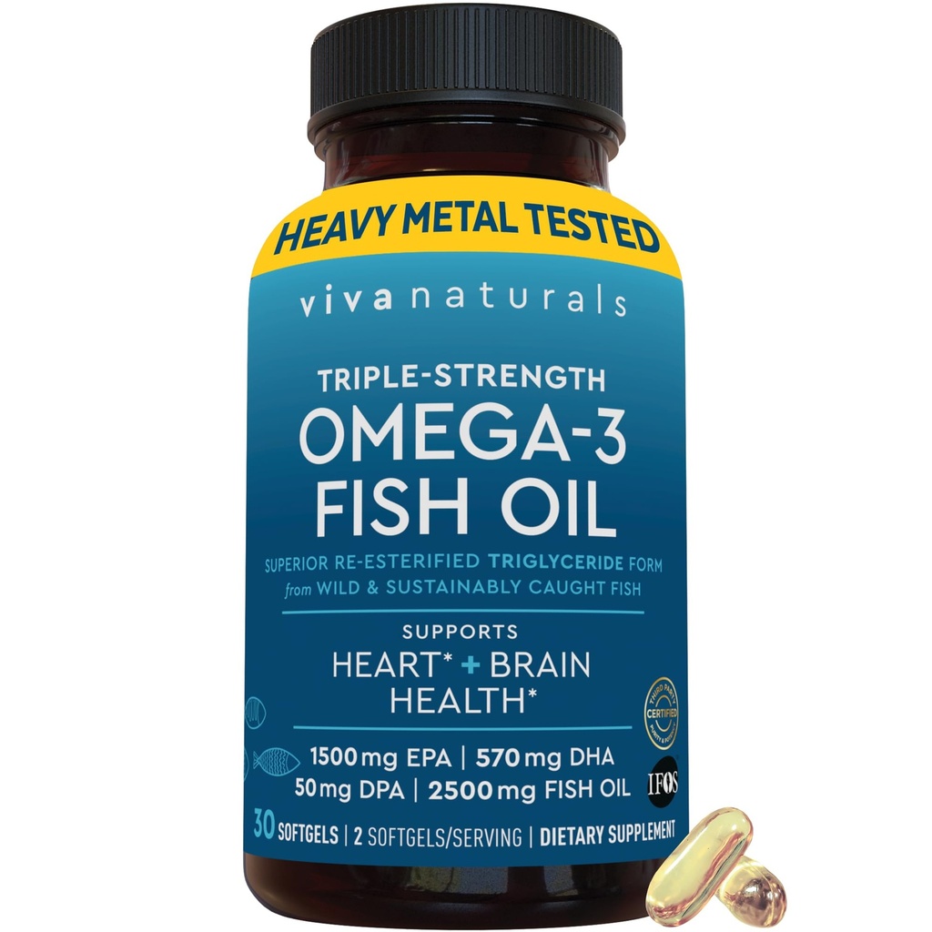 Viva Naturals Omega-3 Fish Oil, Triple Strength, 2500 mg, 30 Softgels – Re-Esterified Omega 3 Fatty Acids Including EPA, DHA, DPA - Pascatarian-Friendly