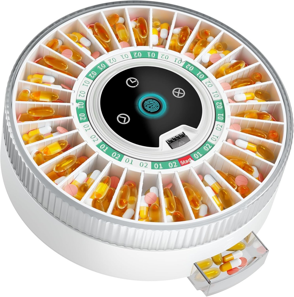 Windtrace Bluetooth Automatische Pillenspender für Ältere Alarm, Smart Pill Dispenser mit 31-Slot, Fingerprint & Mechanische Dual Lock Medication Dispenser, Timed Dispenser Machine (Green)